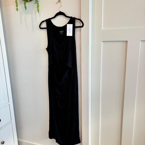 Isabel Maternity Black Sleeveless Peek-A-Boo Midi Dress Size Large Ruched NWT - Picture 3 of 8